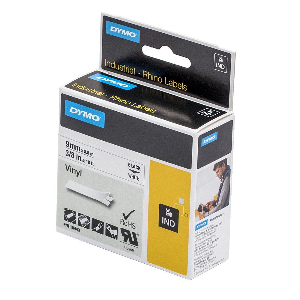 Dymo 18443 Rhino - Etiquetas industriales de vinilo autoadhesivas, 9 mm x 5,5 m, impresión negra sobre blanco + bolígrafo PaperMate
