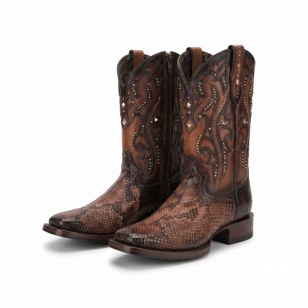 Fencourt Men’s Western Cowboy Boots, Brown Python-Print Leather, Zipper-image-28