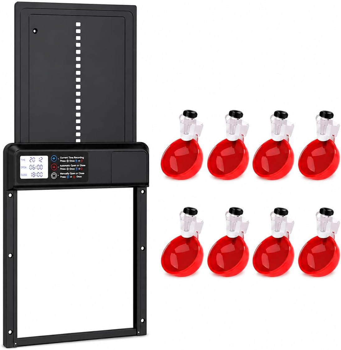 Automatic Chicken Coop Door with 8 Poultry Water Cups Bundle, Programmable Chicken Door Opener, Weather Resistant Coop Door for Chickens, Ducks, Geese & Poultry