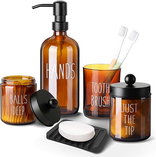 Juego completo de accesorios de baño, 5 piezas con dispensador de jabón de vidrio ámbar, soporte para jabón y cepillo de dientes, Qtip y soporte de disponible en Yaxa El Salvador