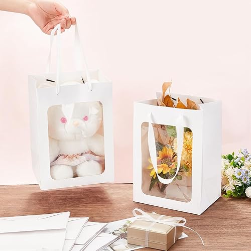 Miniatura 8 de BENECREAT Paquete de 16 bolsas de papel kraft blanco transparente para ventana, 7.9 x 4 x 4 pulgadas, bolsa de regalo con asas para cumpleaños,