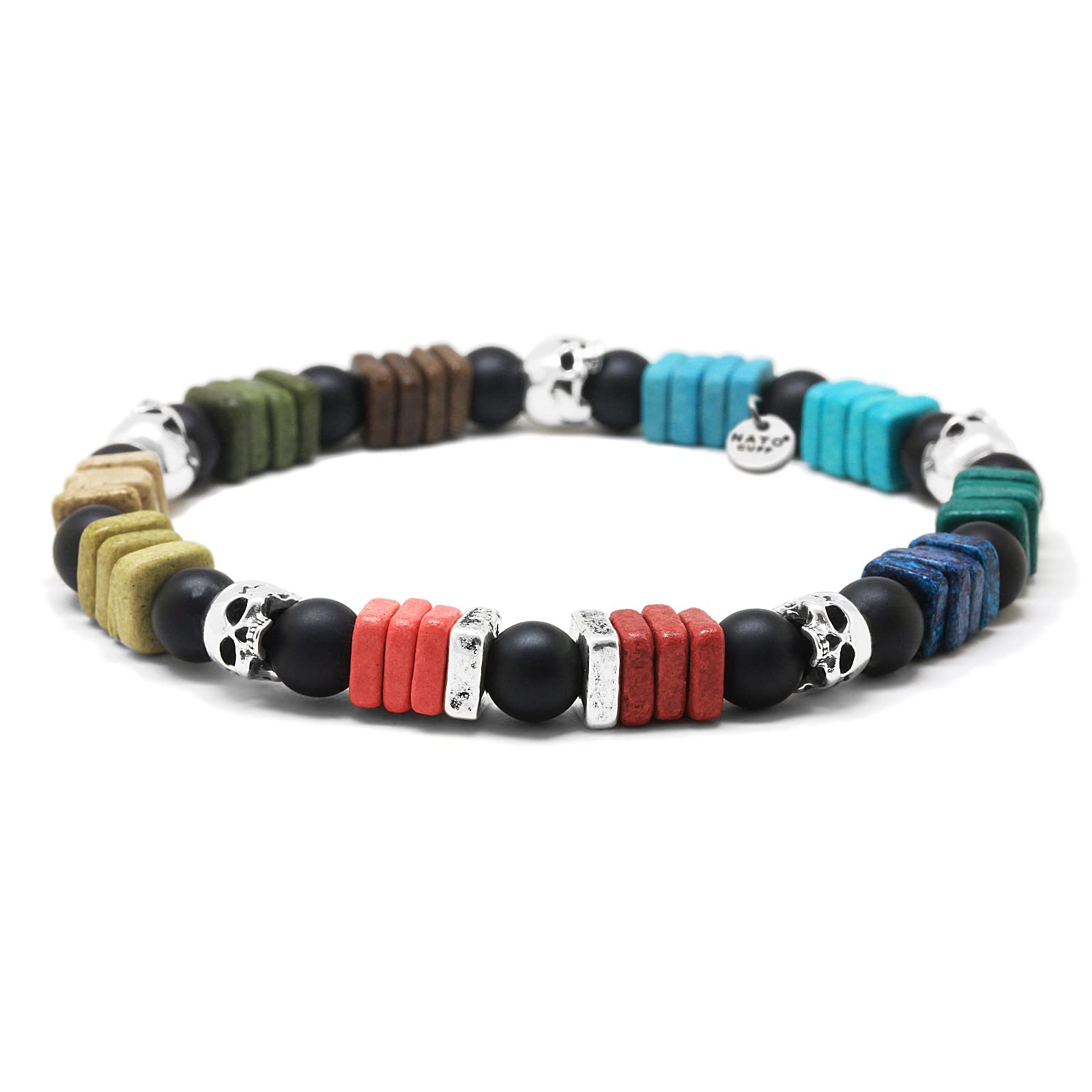 Nato Cuff, 925 Sterling Silver Skull Bracelet, Artisanal Greek Ceramic Beads, Onyx Gemstones Beads