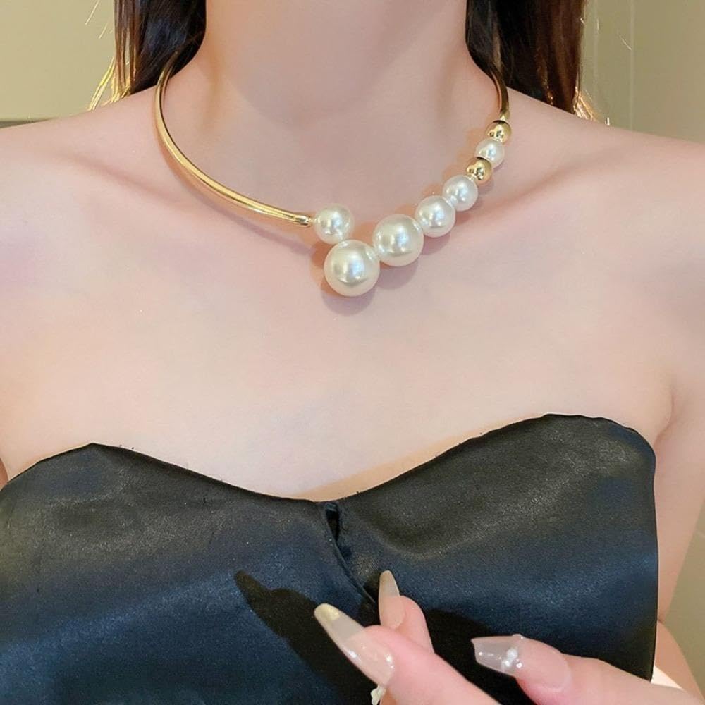 Amazon.co.jp: 大粒 パール ゴールド パーティー 結婚式 ネックレス 