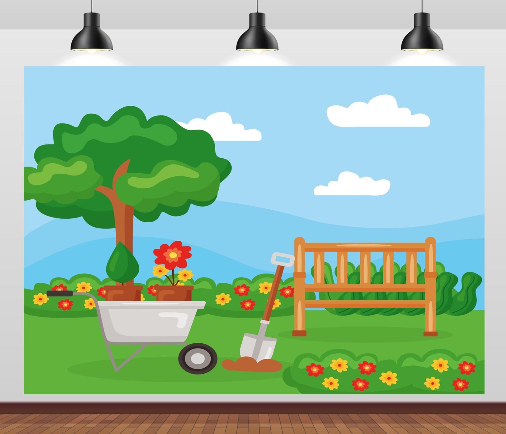 BELECO 10x8ft Fabric Cartoon Garden Backdrop Gardening Tools Wild Flowers Grassland Springtime Background for Party Decorations Banner Photo Props