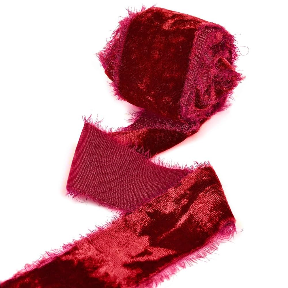 WEITINGKKK Ribbons for Gift Wrapping, Velvet Ribbon 40mm x 3 Yards Frayed Edge Fringe Ribbons Multicolor Wedding Wreaths(Burgundy)