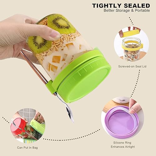 Miniatura 2 de Paquete de 4 recipientes de avena durante la noche con tapas y cuchara, tarros de vidrio de 16 onzas para avena durante la noche, contenedor de