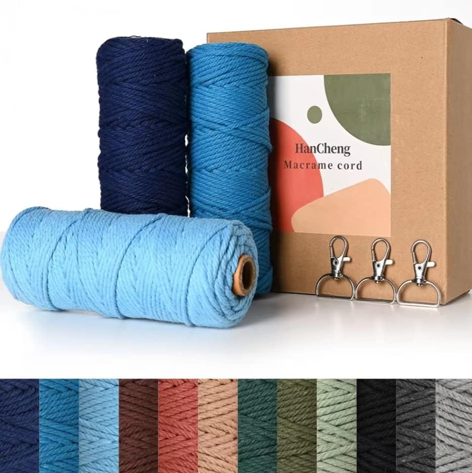HanCheng 60m x 3mm Colourful Macrame Cord Gradient Colour 3-piece Set,Coloured Macrame Kit with 3 Keyrings—Gradient Blue:DarkBlue,SeaBlue,LightBlue