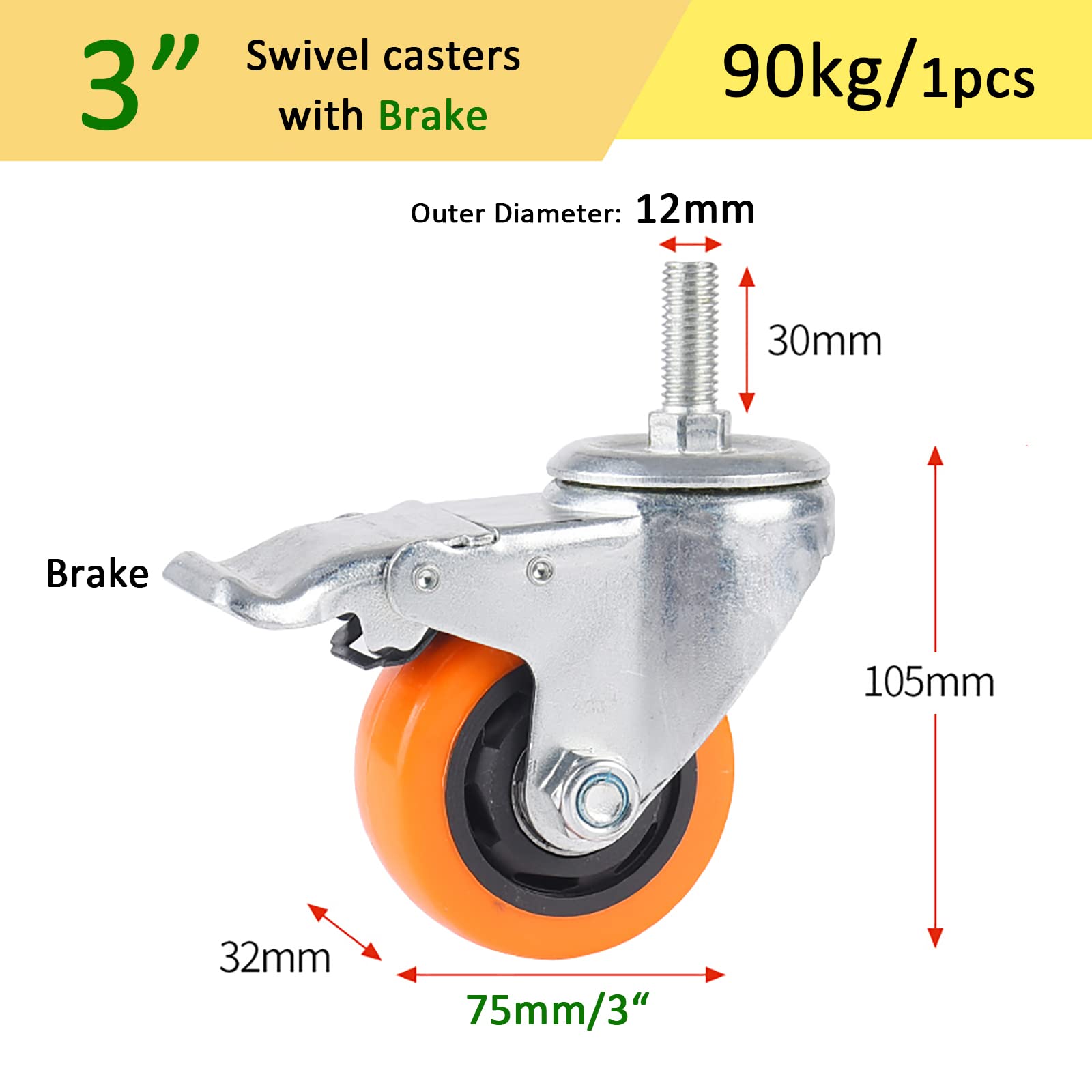 Wytrzymały wózek 75 mm z hamulcem, pręt gwintowany M12 x 30 mm, ciche kółka obrotowe do przenoszenia mebli, nośność 90 kg na koło, zestaw 4 kółek Trans