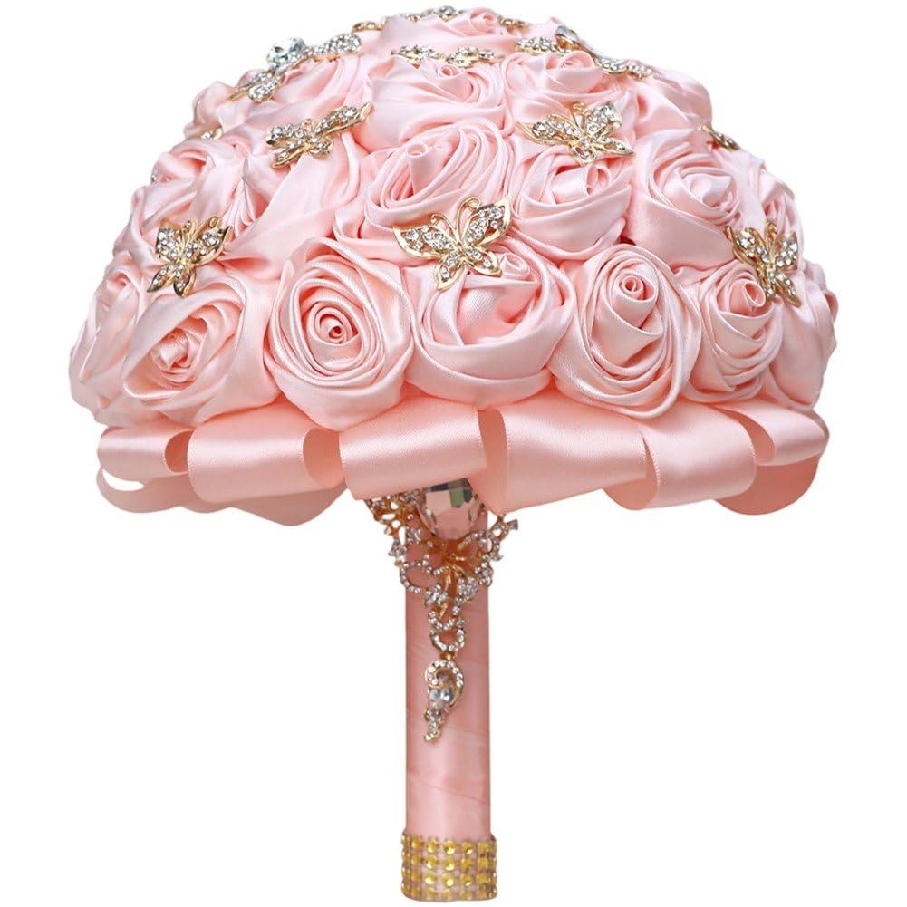 Lamdbao Rhinestone Bridal Bouquet Artificial Rose Satin Roses Wedding Bouquet Posy Handmade Round Flower Bunch for Valentine's Day Birthday