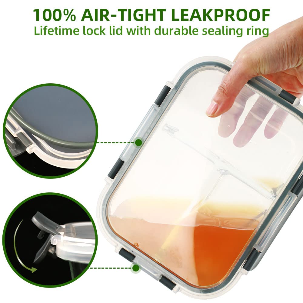 DAS TRUST Glasbehälter für Mahlzeiten, 3 Fächer mit Deckel, Lunchbox, Bento-Box, Mikrowelle, Backofen, Gefrierschrank, Spülmaschine (4,5 Tassen, Grau), 5 Stück