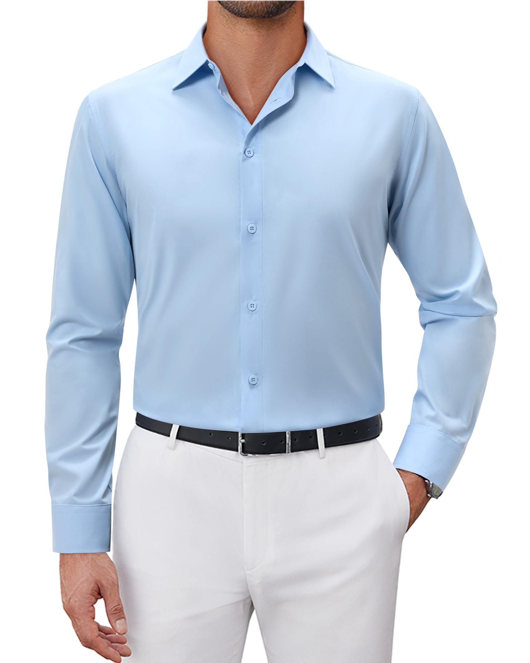 Men's Dress Shirts Long Sleeve Wrinkle Free Stretch Solid Formal Business Casual Button Down Shirt