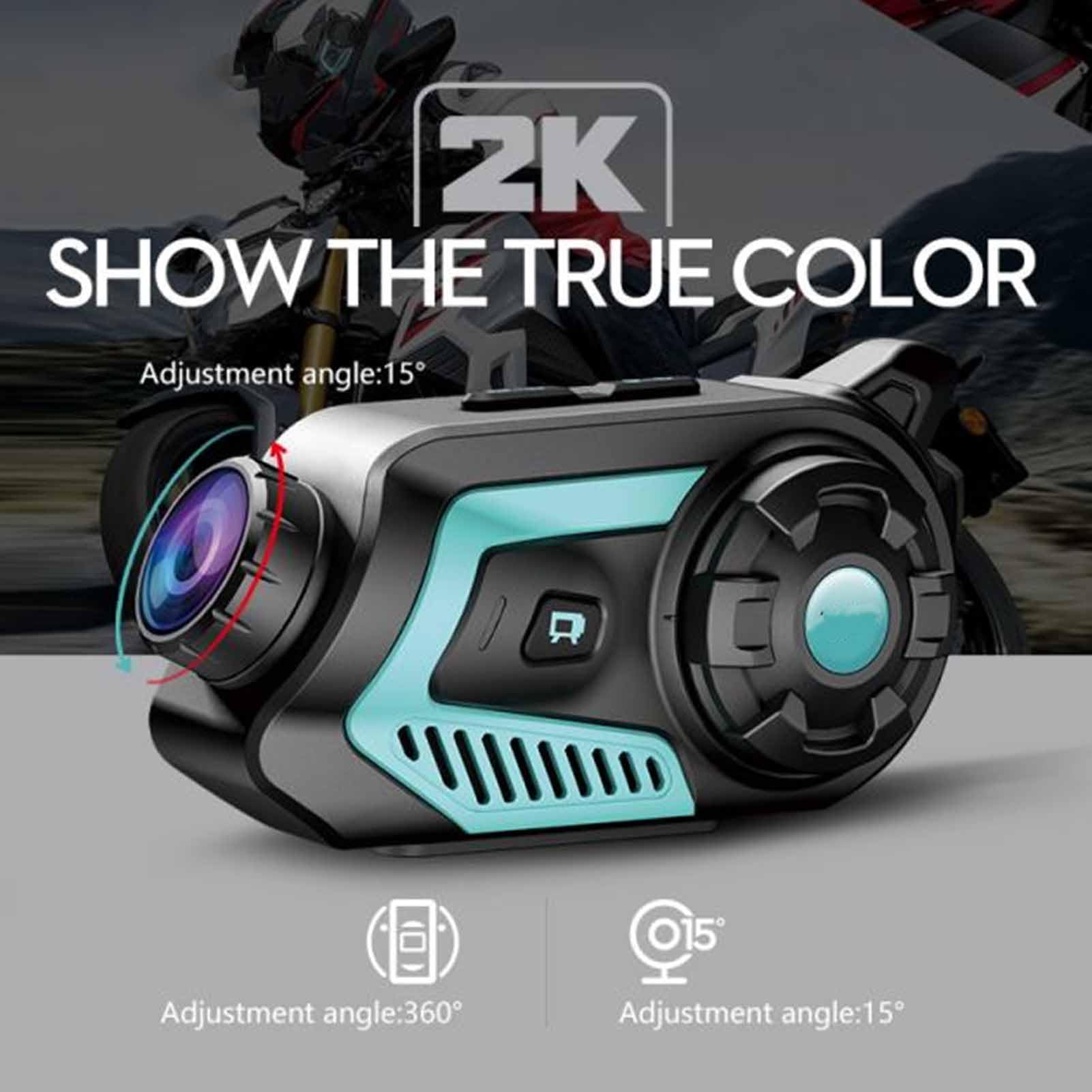 Zestaw Słuchawkowy Bluetooth do Kasku Motocyklowego, Wodoodporny Obiektyw Szerokokątny 130 Stopni Zestaw Słuchawkowy z Interkomem do Kasku z kamerą 2K HD, Połączenia Bluetooth