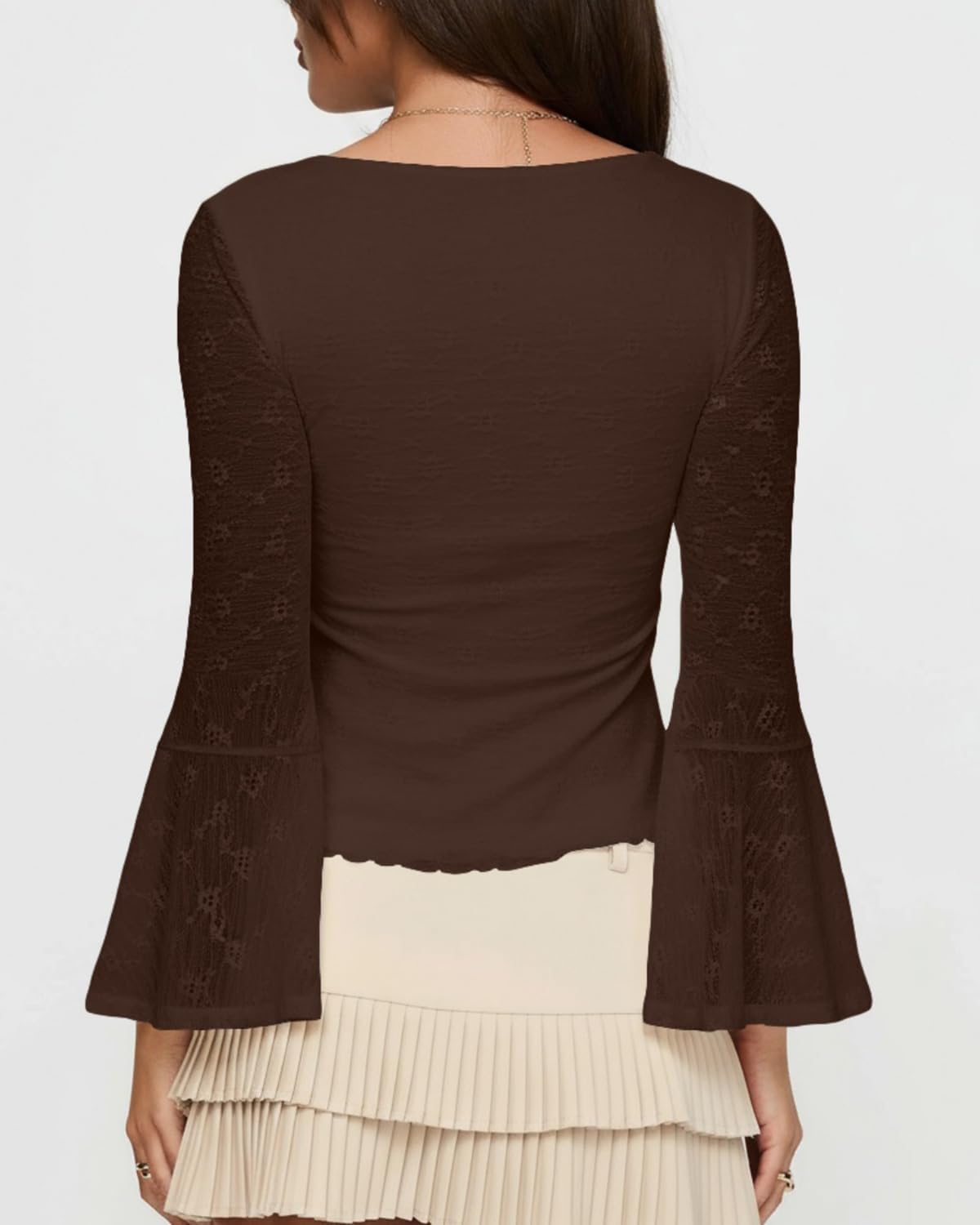 Cioatin Women Y2K Flowy Peplum Babydoll Tops Fall Outfits Long Sleeve Square Neck Sheer Floral Lace Ruffle Crop Tshirt Blouse - Image 5