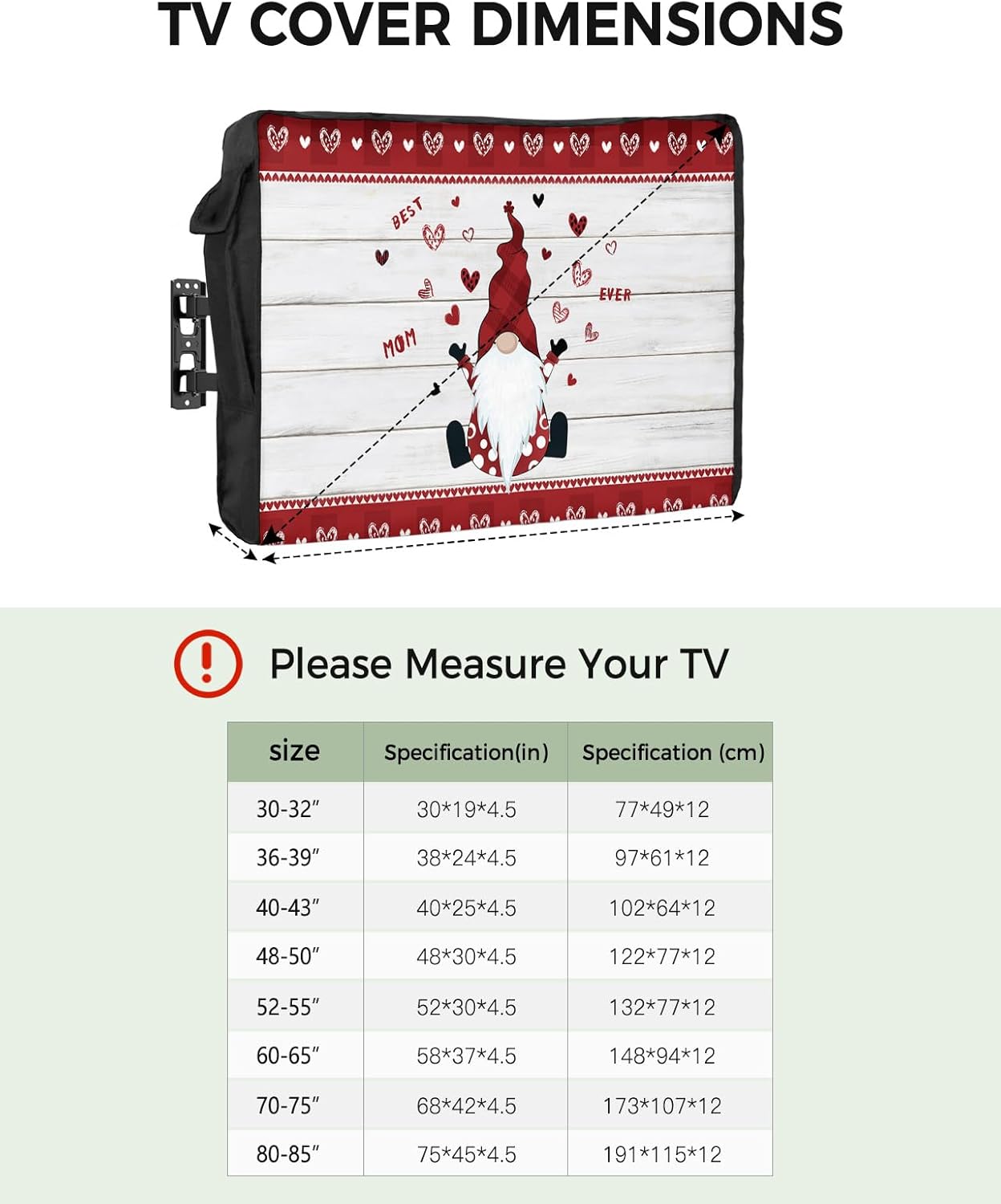 Outdoor TV Cover - Happy Mother's Day Cute Gnome Love Heart on Rustic Wooden Grain Waterproof and Weatherproof 30"-32" LCD Movable Shield TV Display Screen Protector Outside Television Covers