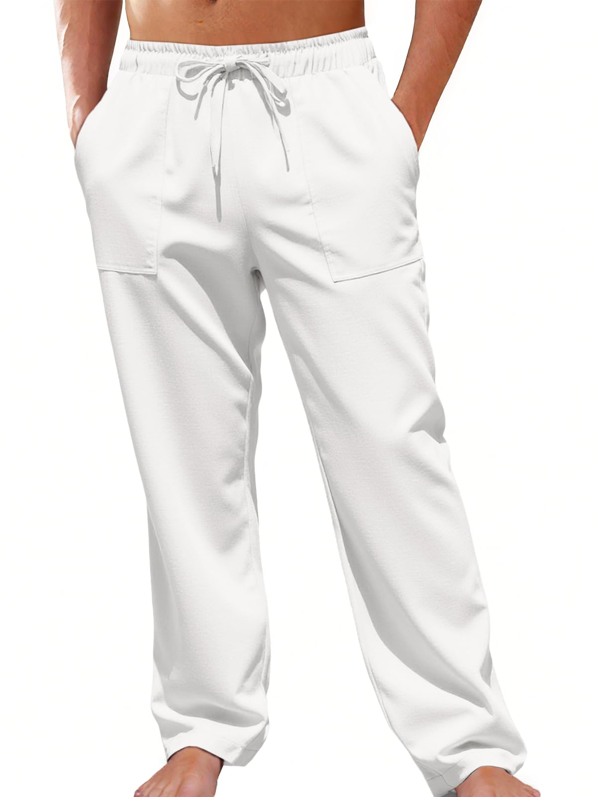 Runcati Mens Casual Pants Elastic Waist Drawstring Linen Lightweight Loose Fit Pants Summer Beach Yoga Trousers