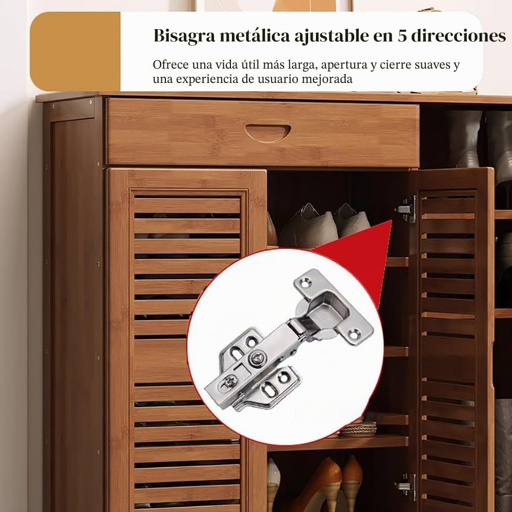 Armario Zapatero de Bambú con 4 Puertas, Gran Cajón y Baldas Abatibles, Zapatero Entrada Recibidor con Estantes Ajustables y Puertas de Persianilla, para Pasillo y Salón
