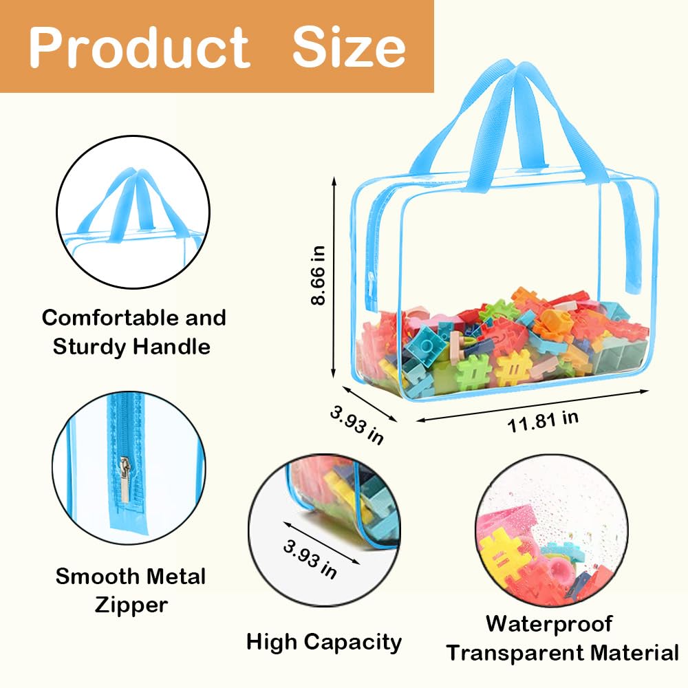 4 Packs Extra Large Toy Storage Bags with Zipper, Reusable Clear Plastic Toy Organizer Bag with Labels for Blocks, 11.8?×8.6?×3.9? Travel Waterproof Organizer Bags for Puzzles, Cosmetics(4 Colors)
