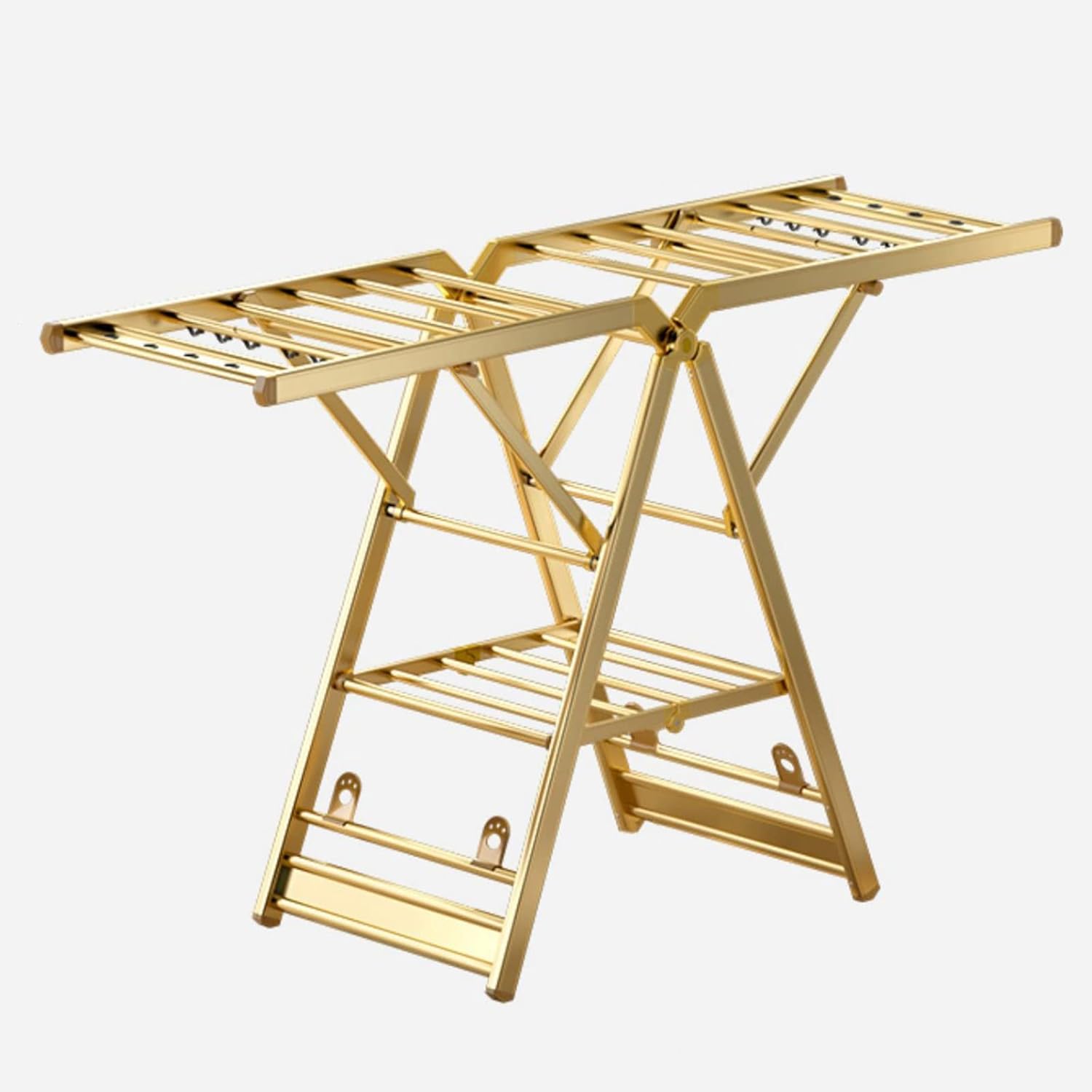 Foldable Clothes Drying Rack Free-Standing Large Rack, Stainless Steel Laundry Hanger, Adjustable Height of The Wings, with Shoe Support,for Towels,Gold-A