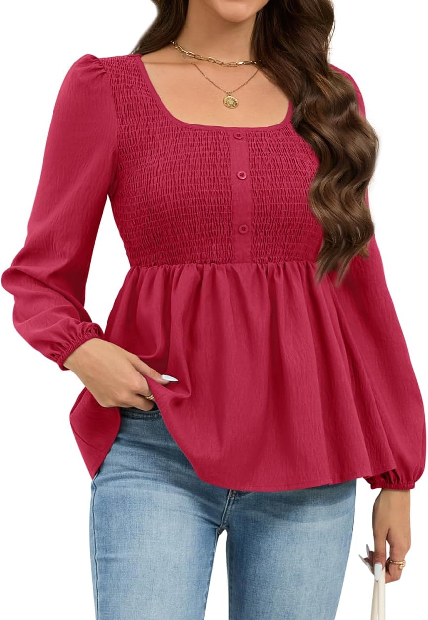 HEYTALALA Womens Peplum Tops Square Neck Smocked Puff Long Sleeve Blouses Babydoll Shirts 2025 Fall Dressy Casual Clothes