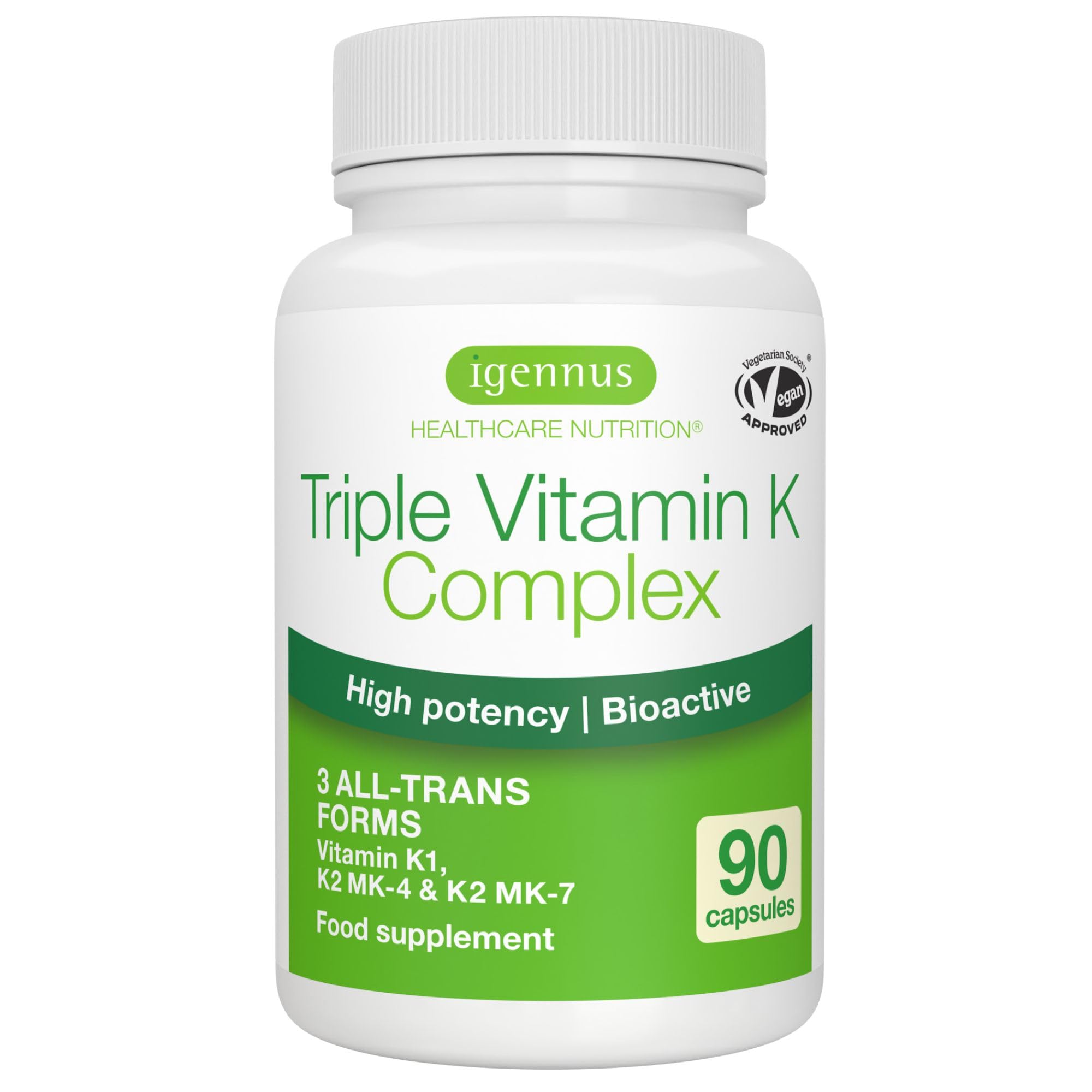 Igennus Triple Vitamine K Complex Avancé 2700 mcg, K2 (MK-4 & MK-7) & K1, Formes Naturelles Bioactives, Haute Puissance, Santé Osseuse et Cardiovasculaire, Formule Pure, Végan, 90 Gélules, 1 par jour
