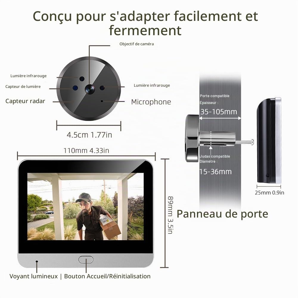 Radar Détection de mouvement, Judas WiFi 2K avec microphone, mini caméra numérique avec écran couleur de 4,3" avec batterie 5000 mAh, angle de 140°, vision nocturne, Wi-Fi 2,4 GHz