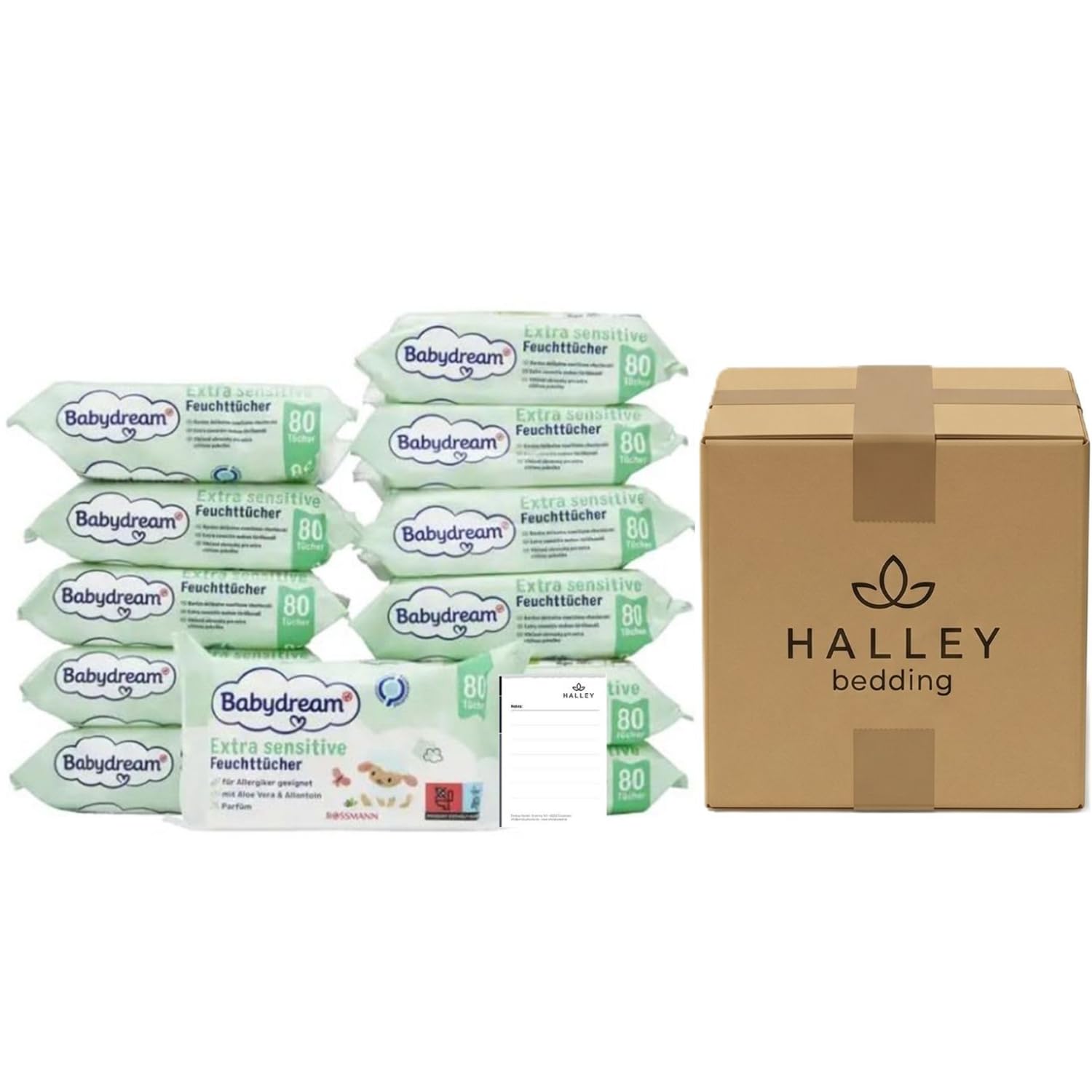 Halley Bedding Bundle: Babydream Feuchttücher 12x80 inkl Notizblock | Ohne Parfüm, mit Aloe Vera & Allantoin. 12x80er Pack (Gesamt 960 Tücher). Hautverträglich & bei Neurodermitis geeignet