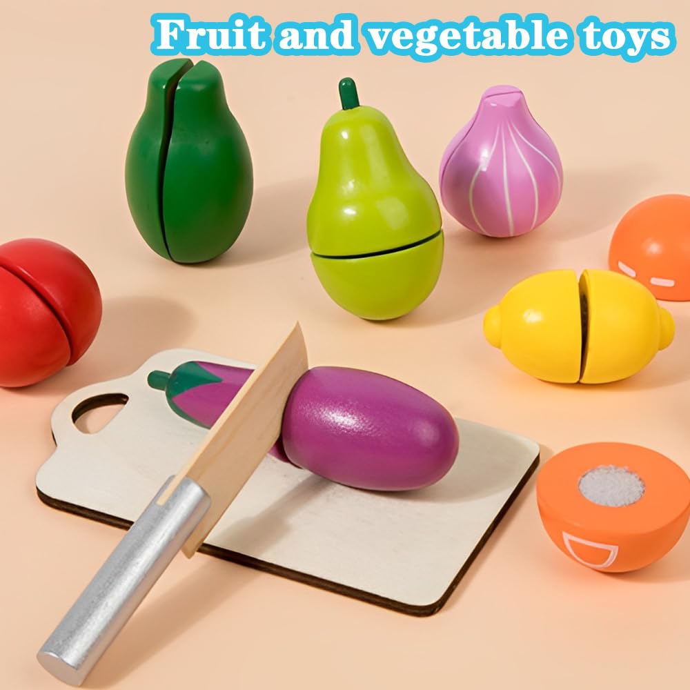 Set De Cocina De Madera Con Frutas Y Verduras Para Cortar – 9 Piezas Con Cuchillo Y Tabla, Juguete Educativo Montessori Para Niños De 3 A 5 Años