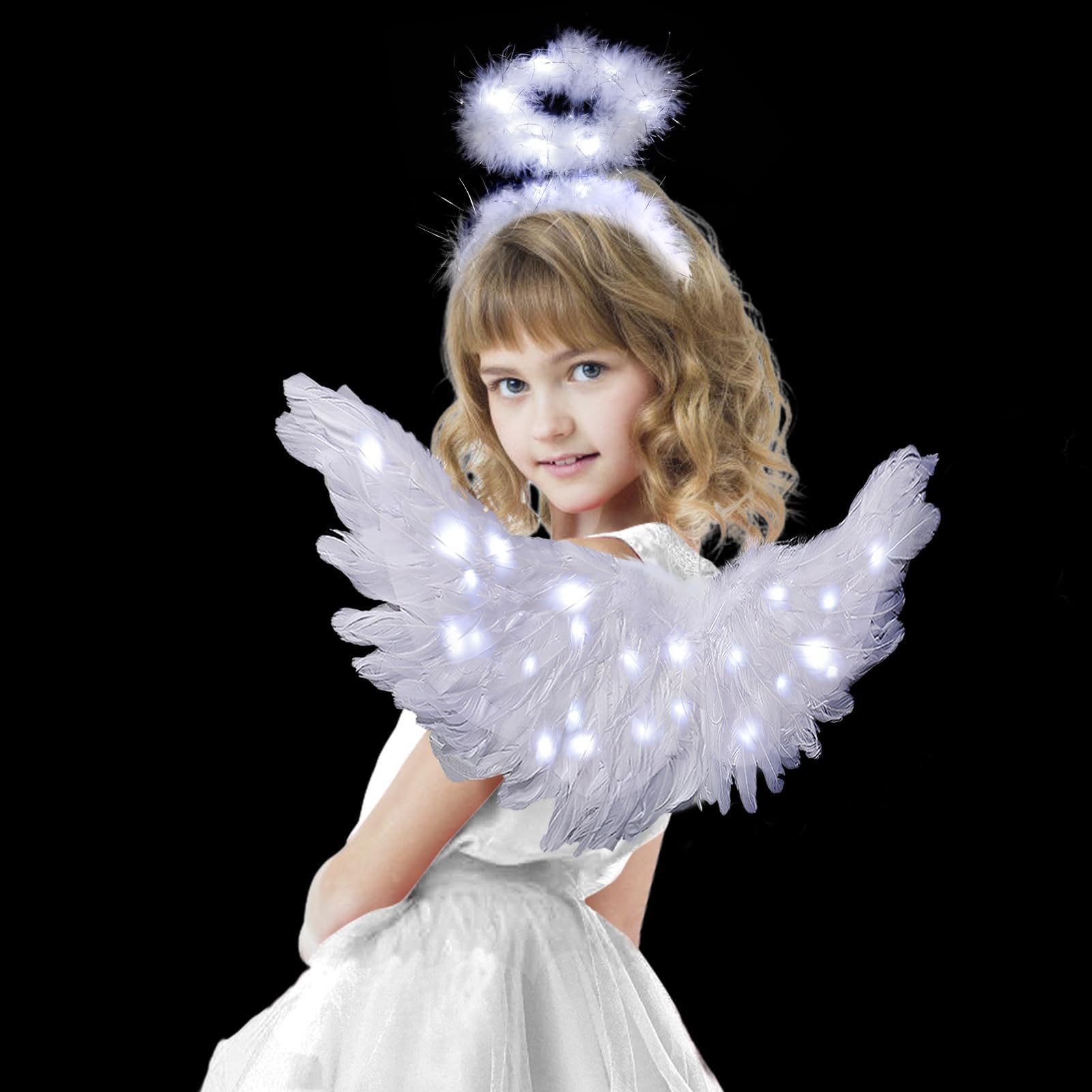 LED Angel Wings and Halo Halloween Costumes for Girls Kids Women Party