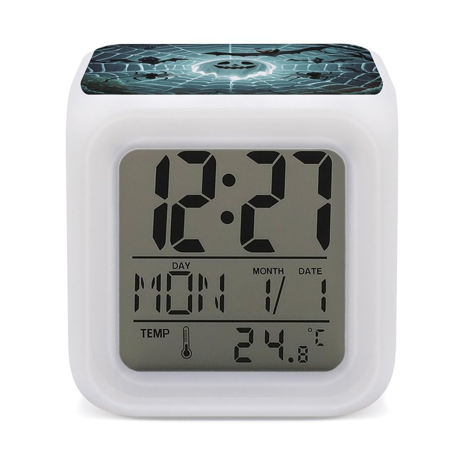 VstaDank Cute Bat Spider Webs Alarm Clock with 7 Color Changing Night Light Date Temp Display Wake Clocks LED Display Digital Clock Electric Desk Clocks for Living Office Bedroom Decor