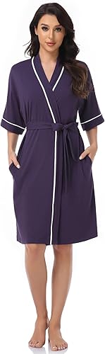 Miniatura 3 de COLORFULLEAF Bata corta de bambú para mujer, ligera, de algodón, de punto suave, con bolsillos