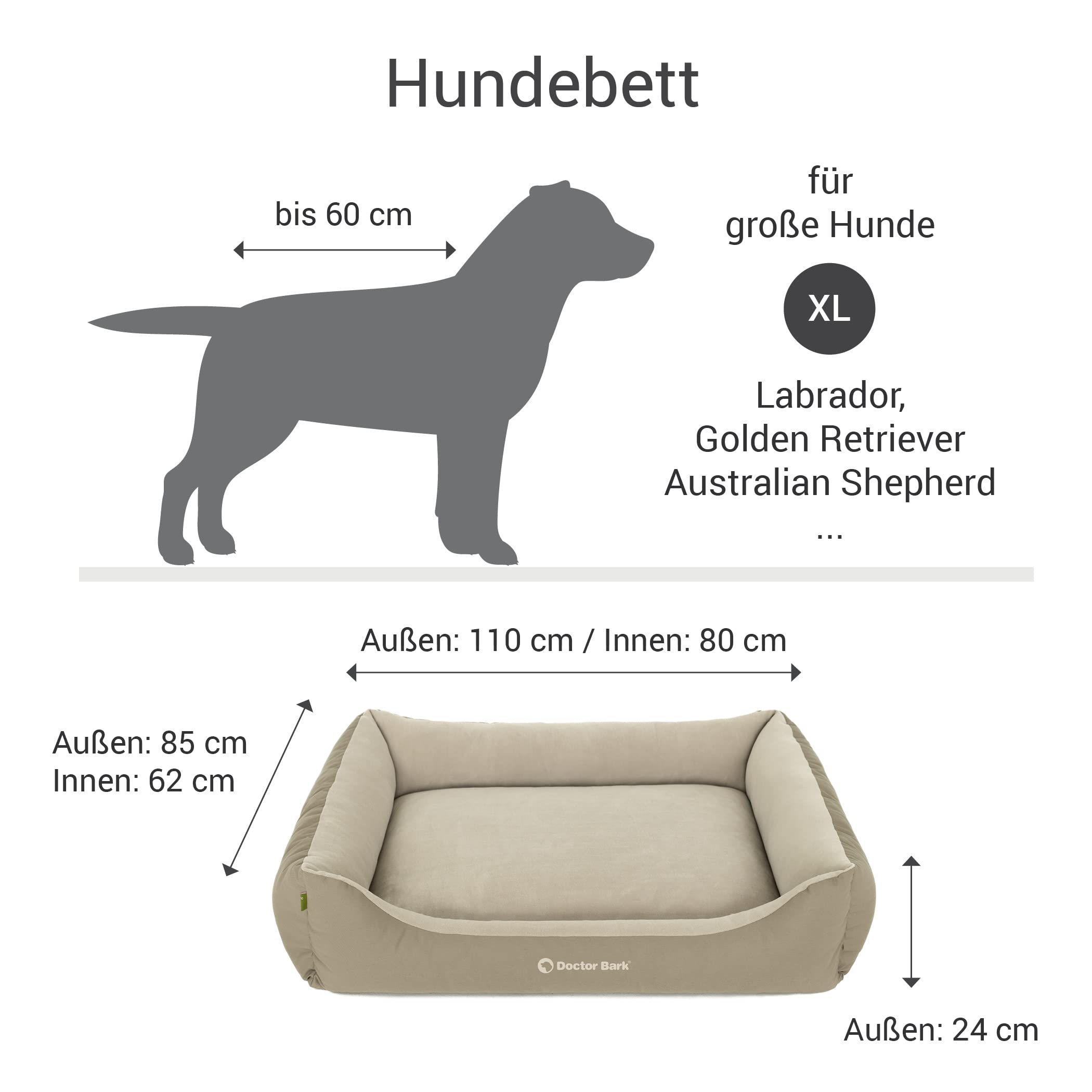 Doctor Bark GreenLabel - Cama para perros grandes, lavable, mullida y suave, resistente y acogedora cama para perros - GreenLabel (XL, 110 x 85 cm, color marrón dorado)