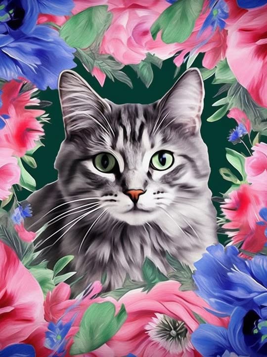 DCIDBEI Kit Diamond Painting Rond 40x50cm Chat Blanc En Fleurs - Broderie Diamant 5D Pour Adultes
