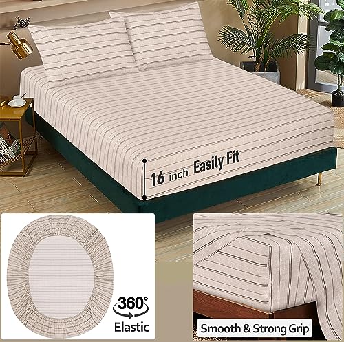 RUVANTI 100% Cotton Twin Sheets Set, 3 Pieces, Soft & Breathable Percale Weave Bedding, Deep Pocket 16", Hotel Standard, Crisp Cool Feel, Durable, Perfect Striped Bed Sheet, Brown Stripes