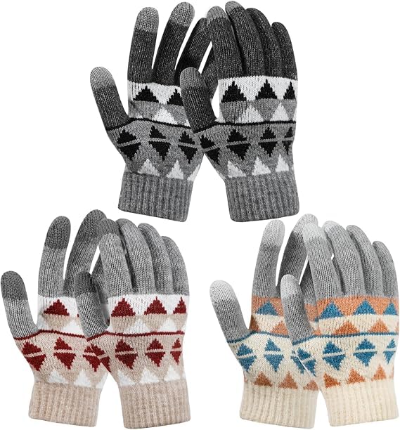 NAWOKEENY3 Pairs Women Winter Gloves, Touch Screen Winter Fashion Gloves, Knit Mittens with Thick Cuffs for Women Girls Smartphone Outdoor Running Sport Cycling