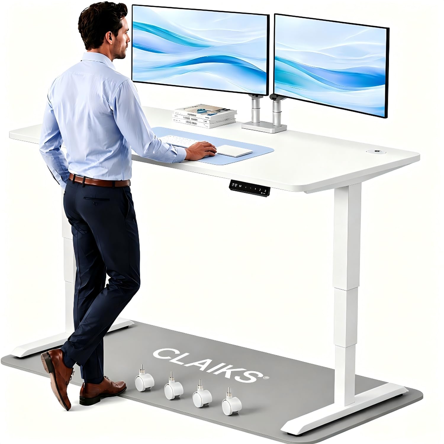 Claiks Höhenverstellbarer Schreibtisch 160×75 cm, Mit 2 Elektrischen Motoren, 25mm Dicke Tischplatte, 130KG Tragkraft Schreibtisch Höhenverstellbar mit 3-Funktions-Memory & 4 Geräuscharme Rollen, Weiß
