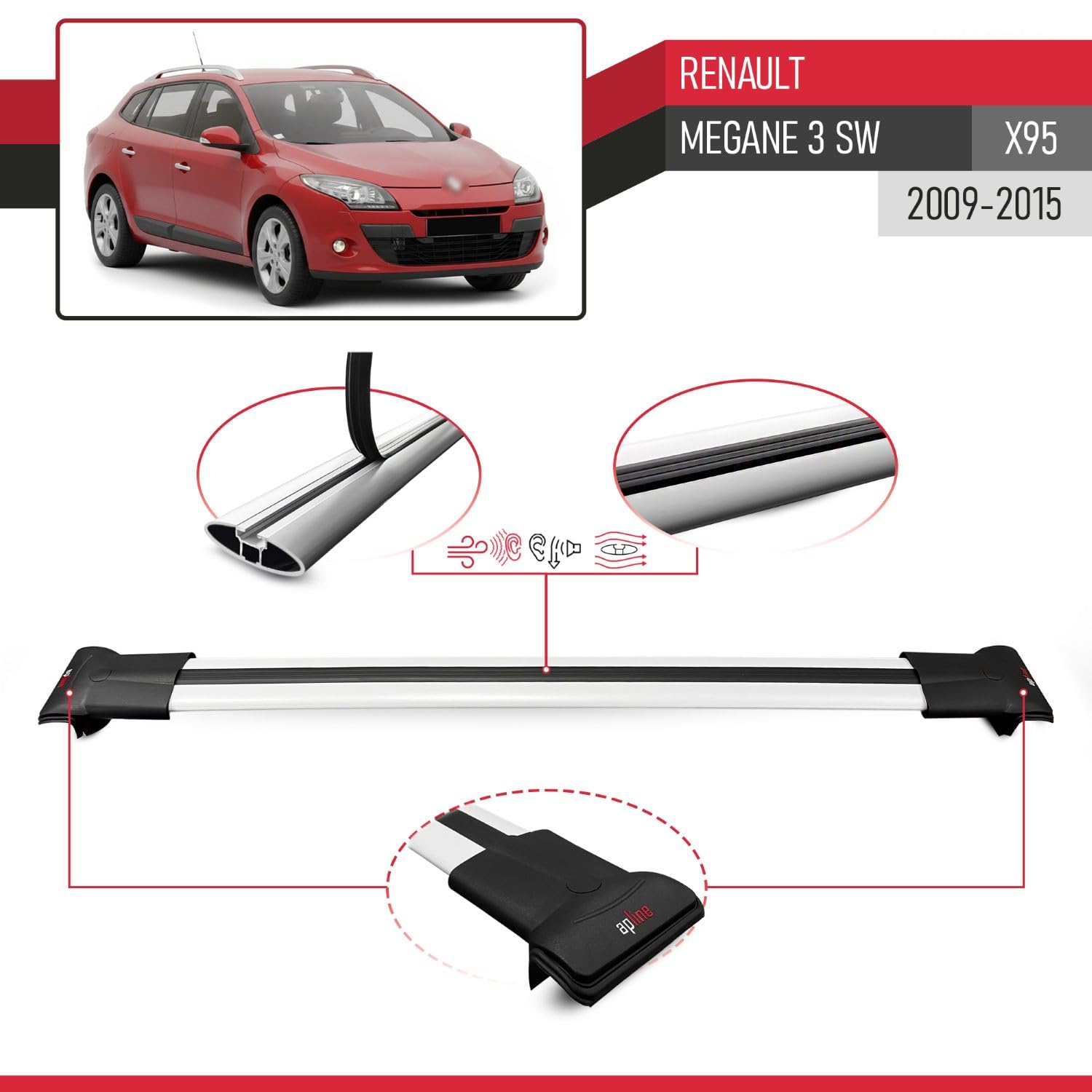 Bagażnik dachowy kompatybilny z Renault Megane 3 ST 2009-2015 Fly Model, bagażnik dachowy, szary, aluminium, 2 drążki