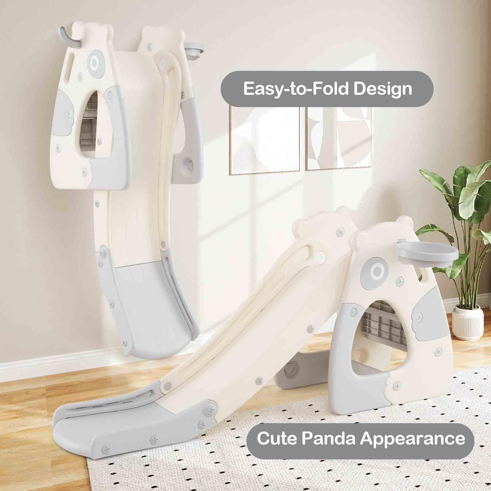HOMASIS 4 in 1 Scivolo per Bambini con Canestro da Basket, Pallina, Anelli, Scivolo Pieghevole per Bambini, Gioco da Arrampicata per Interni ed Esterni per 3+ Anni (Grigio, Panda, 148 x 71 x 67 cm)