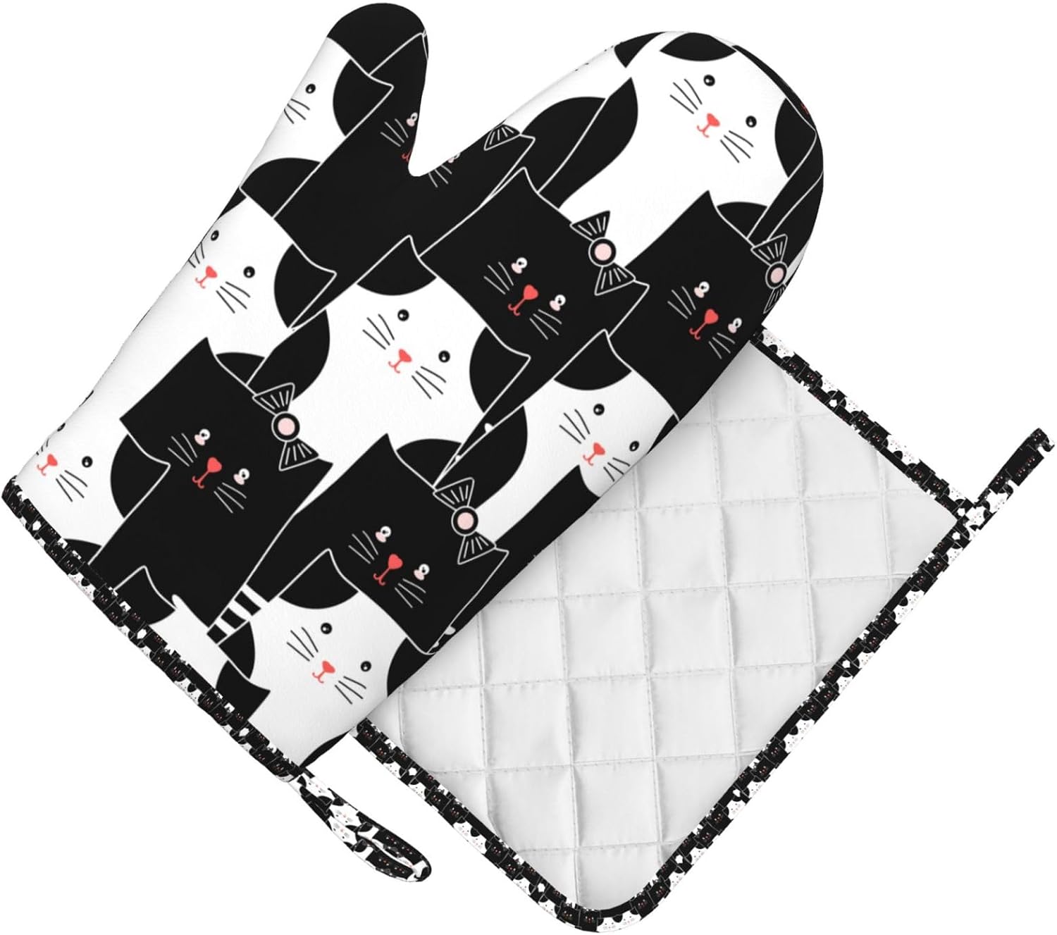 Cute Black and White Cat Oven Mitts and Pot Holders Sets, Home Silicone Heat Resistant BBQ Gloves for Kitchen Baking Cooking Grilling Microwave