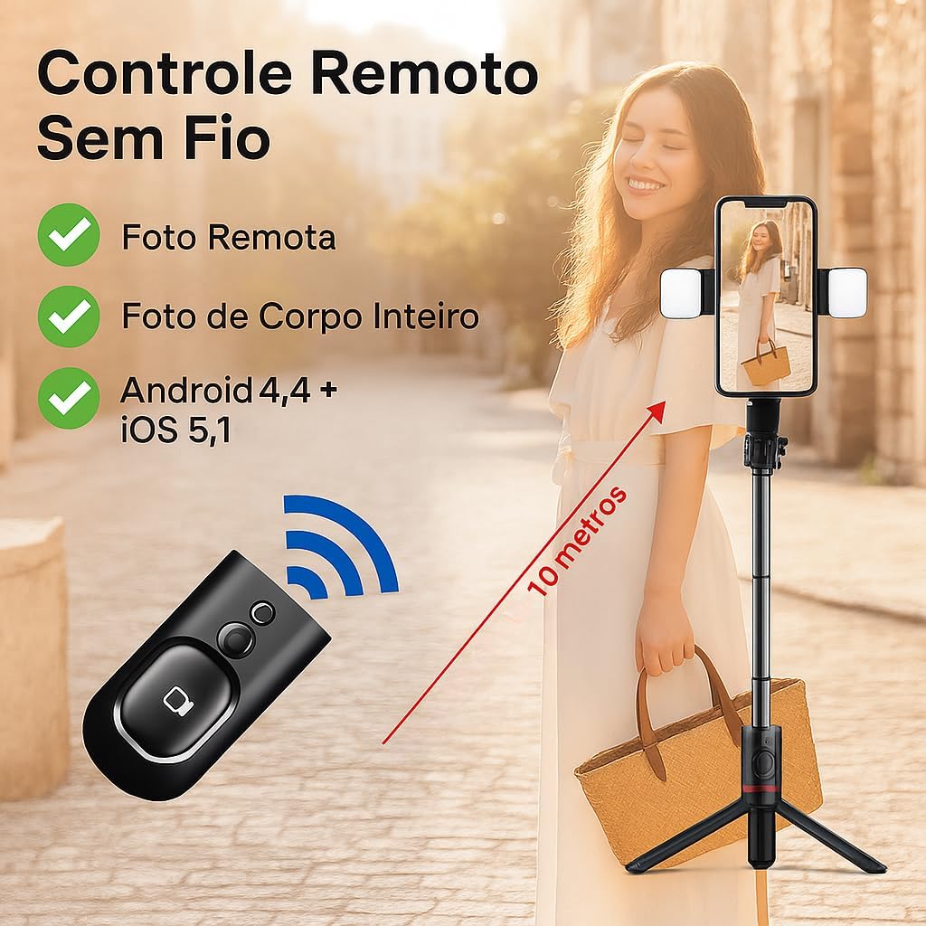 Bastão Tripé Para Celular 360º Dobrável Pau De Selfie Bluetooth Com 2 Led Mini Controle Remoto 3 em 1 Câmera Selfie Stick (PRETO) H'MASTON Linha Super Premium Bastão Tripé Para Celular 360º Dobrável Pau De Selfie Bluetooth Com 2 Led Mini Controle Remoto 3 em 1 Câmera Selfie Stick (PRETO) H'MASTON Linha Super Premium
