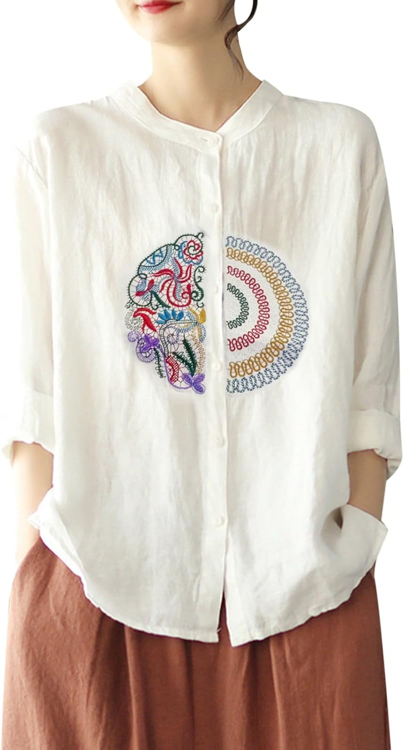 Womens Embroidery Qipao Shirts Long Sleeve Mandarin Collar Traditional Tang Suits Chinese Cheongsam Tops for Women