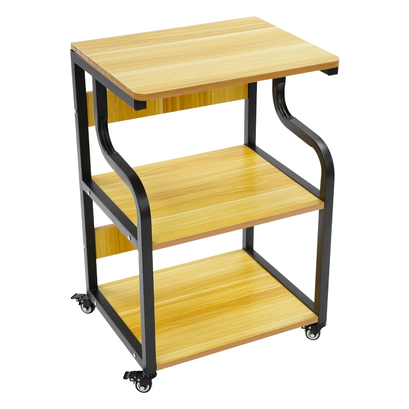 3-stufiger Druckerständer, Mobiler Druckertisch Druckerregal aus Massivholz Druckwagen Tragkraft 80kg für Heimbüros, Firmenbüros, Studienräume, Druckräume 50x40x74,5cm (Schwarz + Licht Walnussfarbe)