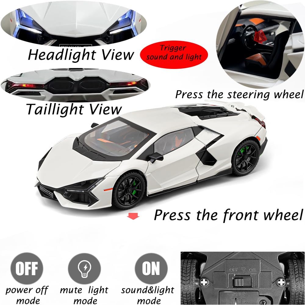 Alloy Collectible 1/24 White Lambo Revuelto Toy Pull Back Vehicles Diecast Cars Model with Light & Sound