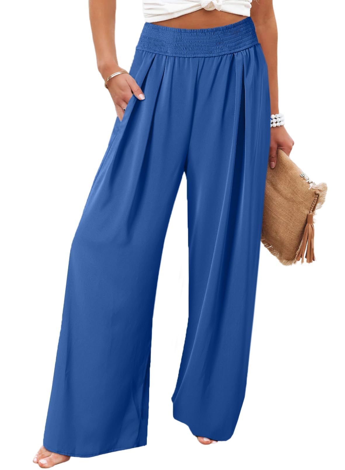 Eytino Women Plus Size Wide Leg Pants Casual Loose Smocked High Waisted Lounge Pajama Palazzo Pants(1X-5X)