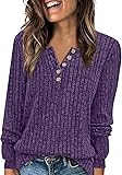 V Neck Button Up Knit Sweater Women Long Sleeve Casual Loose Tunic Pullover Spring Fall Fashion Cozy Sweaters (Dark Purple,Large)