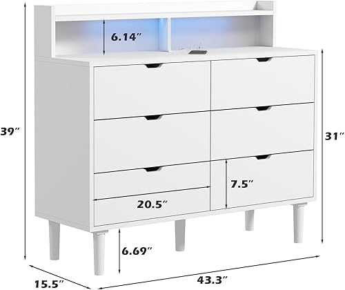 Miniatura 2 de Bonzy Home Cómoda moderna de 6 cajones con estación de carga, cómoda de madera con luz LED para armario, pasillo, sala de estar, entrada, color