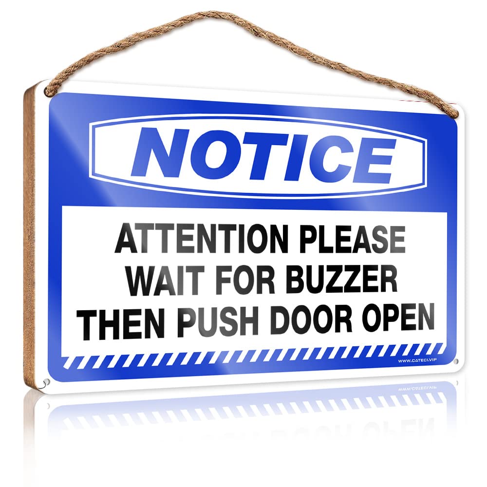 Bathroom Signs For Home Notice Attention Please Wait For Buzzer Then Push Door Open Wooden Sign Wall Hanging Decor Sayings Winter Door Decorations(15X28CM)
