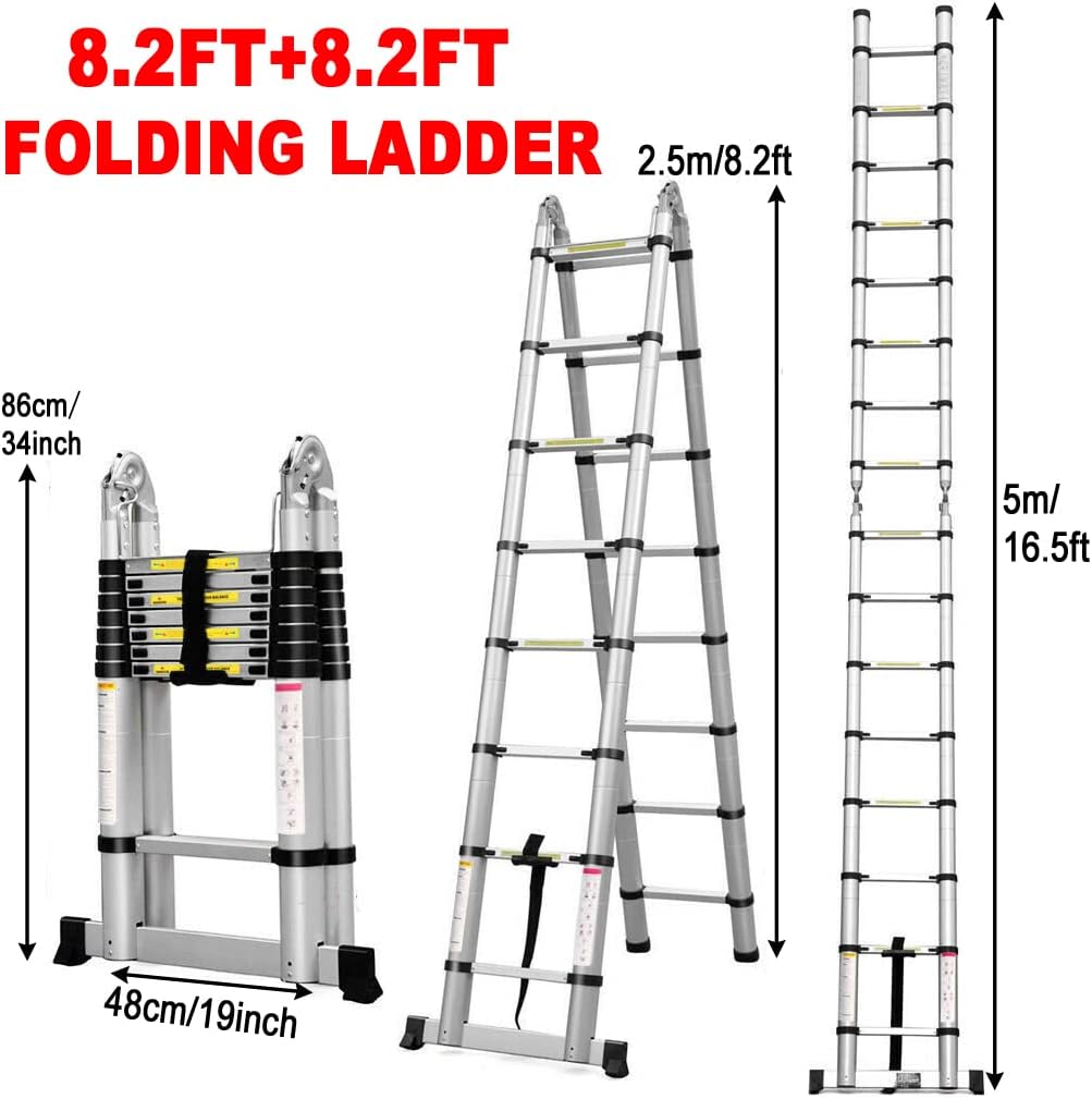 Ladders,Telescoping Ladder 12.5 Feet Aluminum Telesextension Ladder, Extendable Ladder Telesstable & Robust, Multipurpose Ladder Lightweight Ladder for Home & Ourdoors/14.5Ft Strai