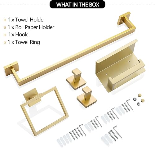 Miniatura 7 de TNOMS Juego de accesorios de baño de 5 piezas 60 cm Barra de toalla dorada Juego de barra de toalla Anillo de toalla Gancho para abrigos y soporte