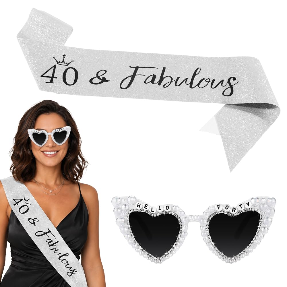 40th Birthday Sash and Glasses Set for Women - "40 & Fabulous" Silver Glitter Sash & Pearl Rhinestone "Hello Forty" Heart Sunglasses - 40th Birthday Decorations, Party Favours & Photo Props (Style 2)