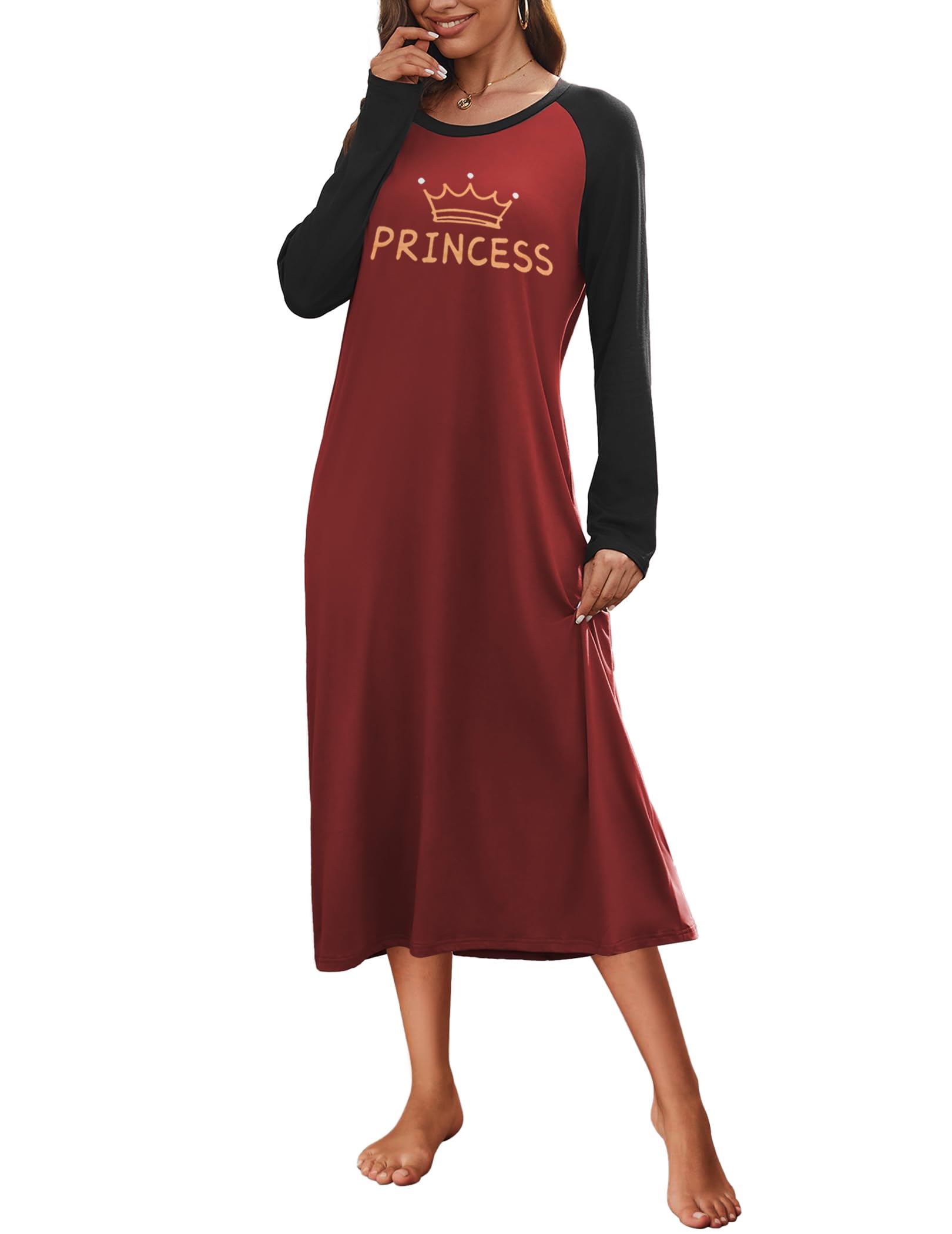 Ekouaer Nachthemd Damen Lang Langarm Nachtkleid Aufdruck mit Rundhalsausschnitt Nachtwäsche Weich und Leicht S-XXL